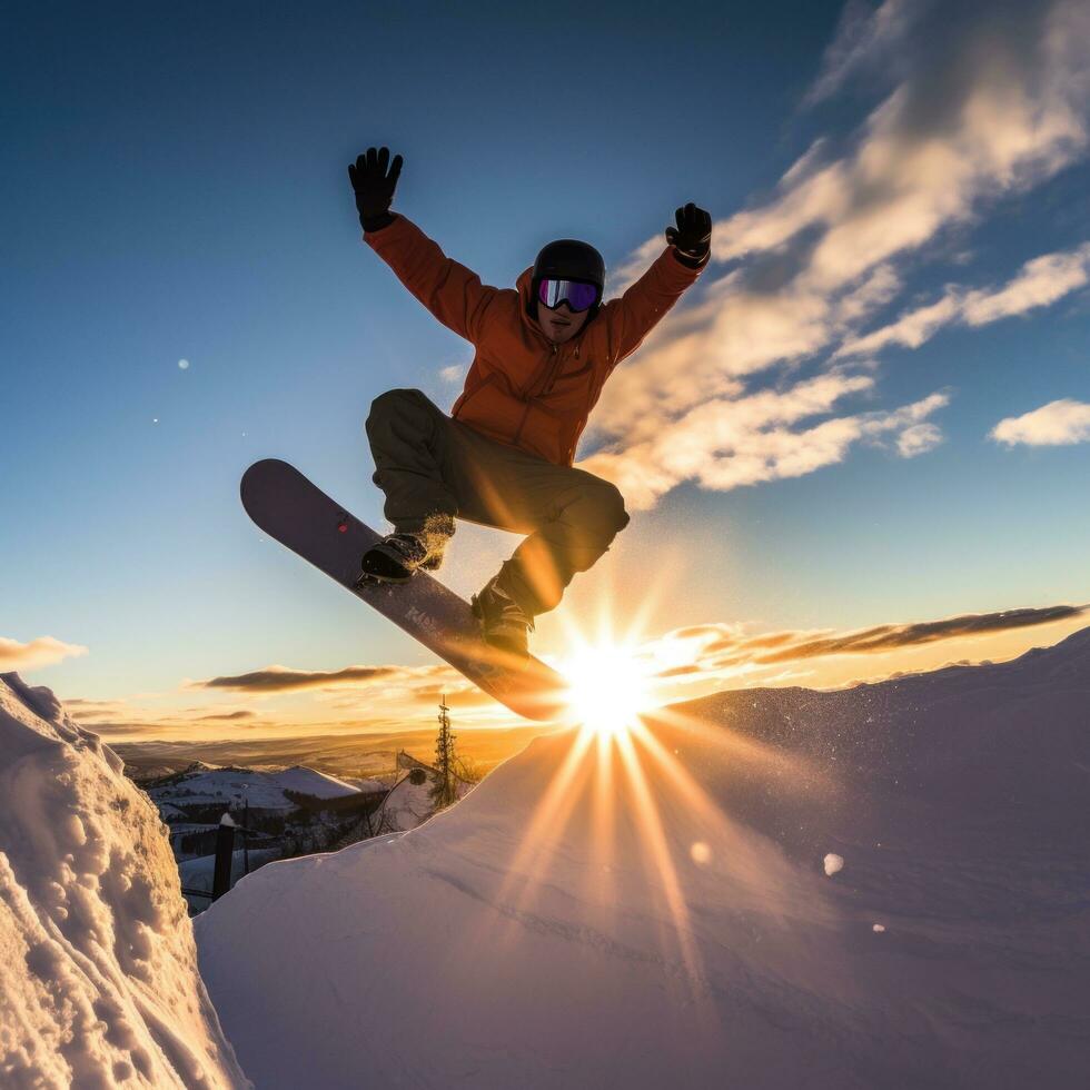 AI generated A snowboarder performing a backflip on a large jump, with the sun setting behind them photo