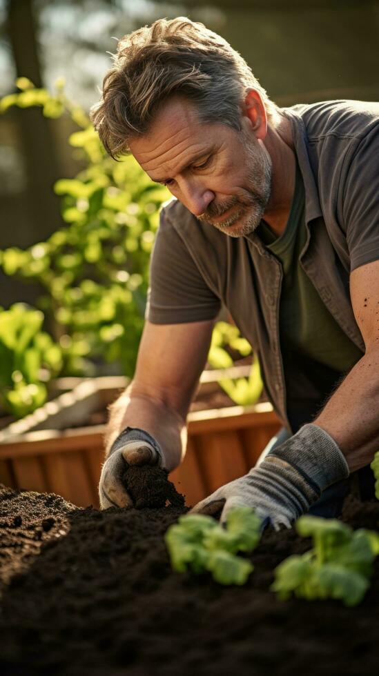 AI generated gardener kneeling in front of a raised garden bed, planting seeds photo