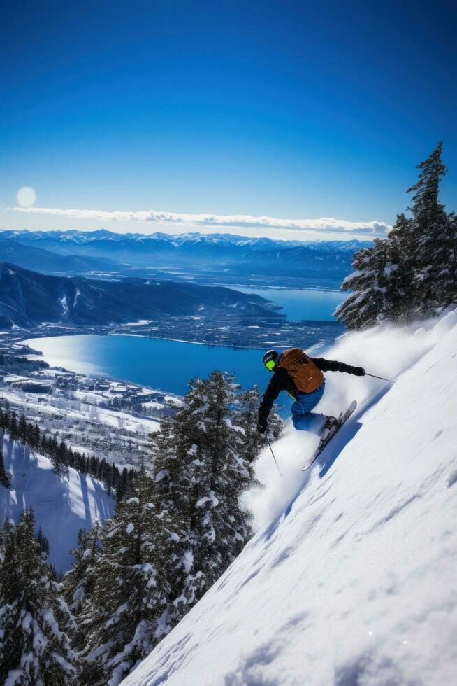 ai generado un snowboarder ejecutando un elegante agarrar truco mientras montando abajo un montaña foto