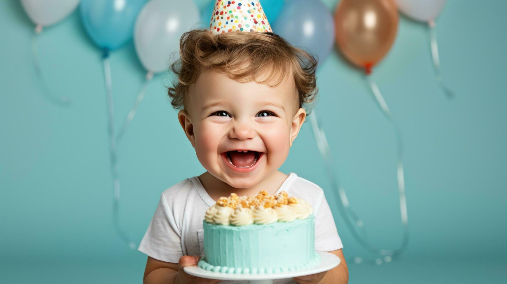 ai generado un adorable niñito vistiendo un fiesta sombrero y participación un rebanada de pastel foto