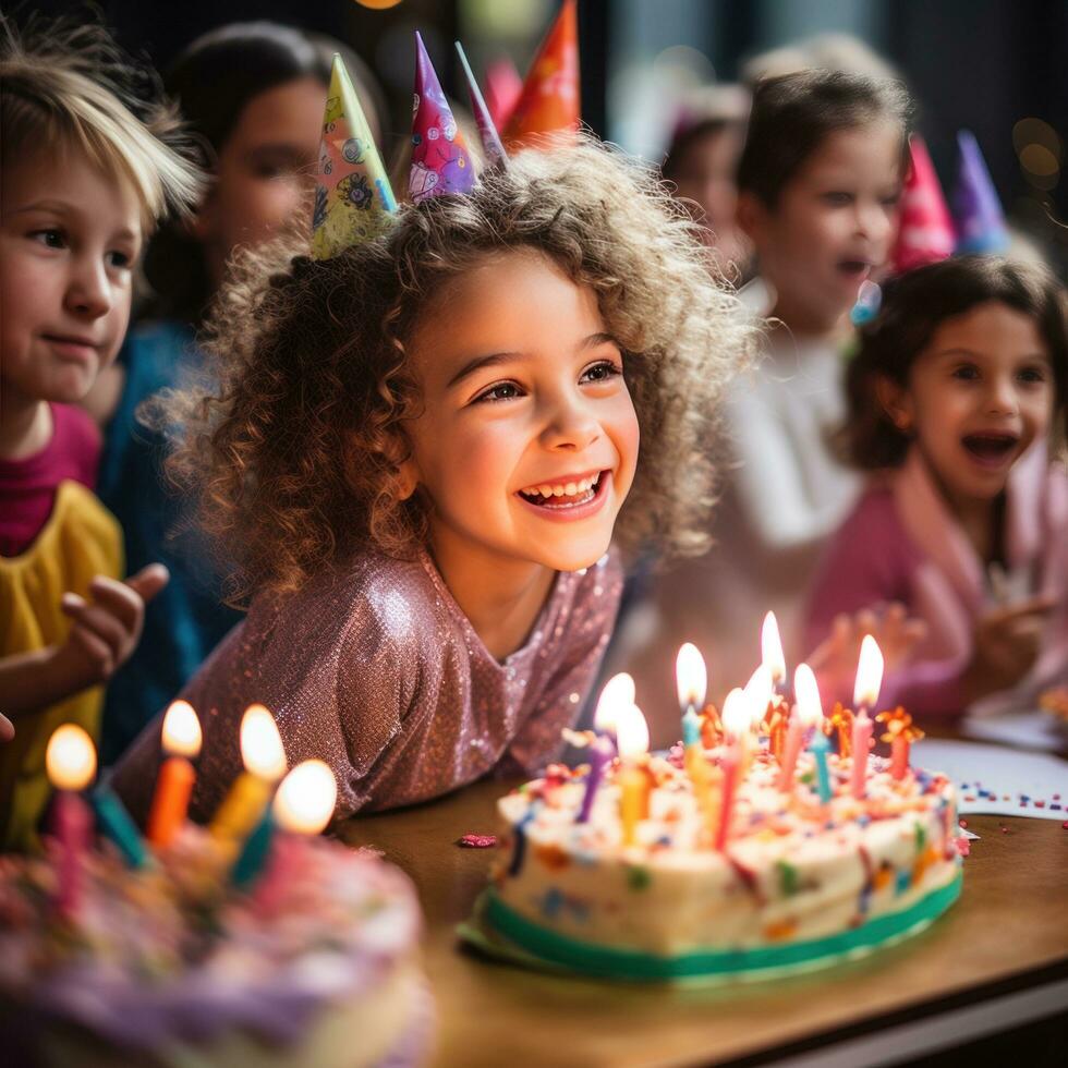 AI generated A young girl blowing out candles on a cake surrounded by her friends photo