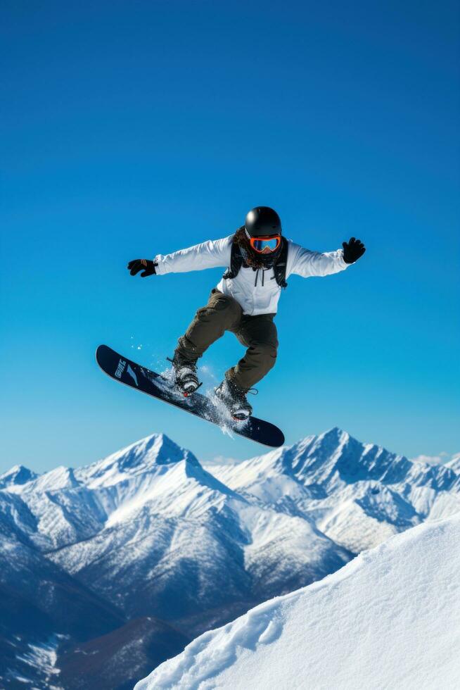 ai generado un snowboarder ejecutando un elegante agarrar truco mientras montando abajo un montaña foto