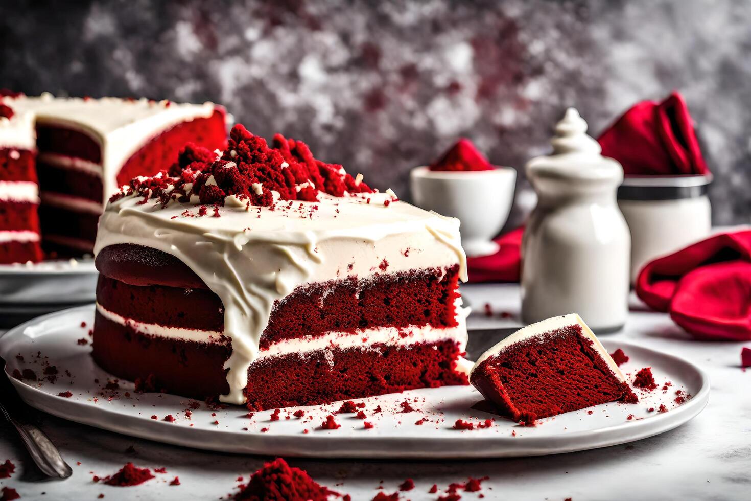 AI generated a slice of red velvet cake on a plate photo