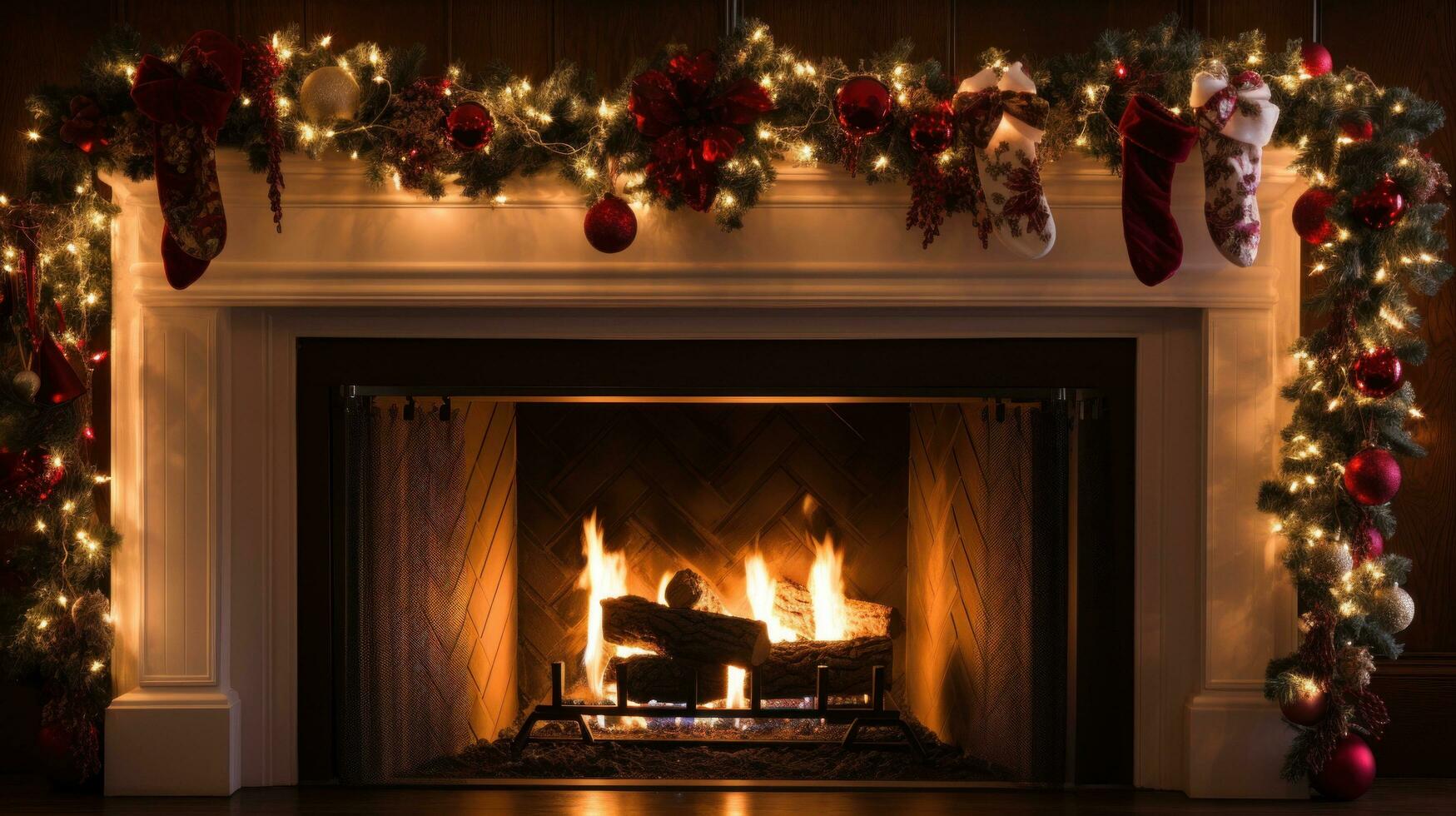 AI generated fireplace adorned with garland, twinkling lights, and stockings hung photo