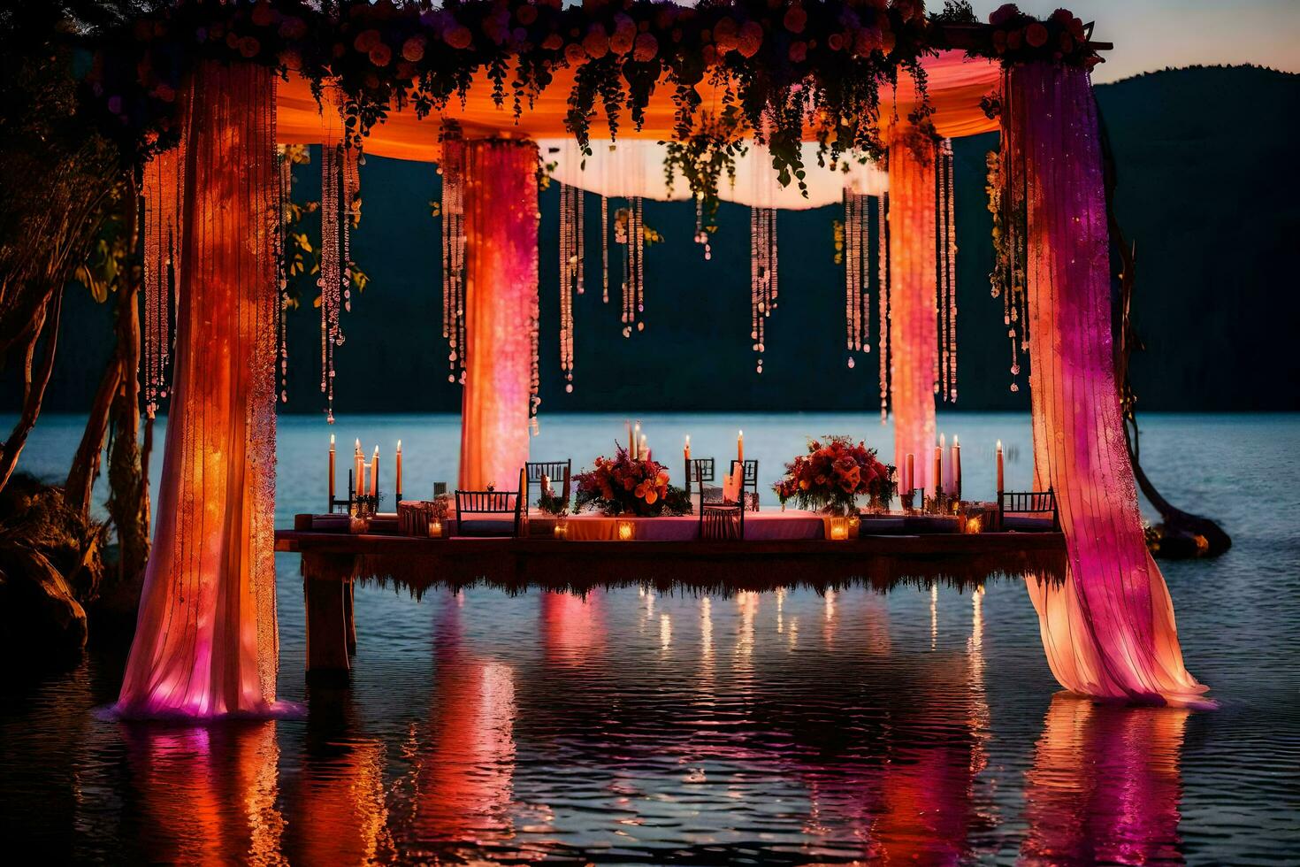 AI generated a wedding table set up on the water with pink and purple lights photo