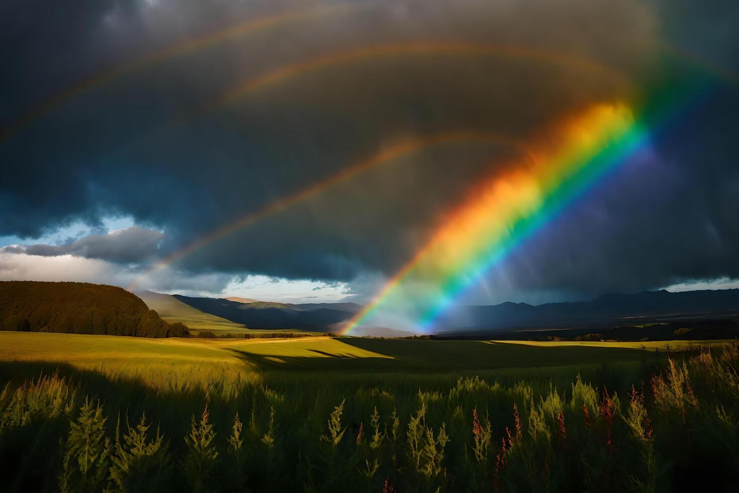 AI generated a rainbow appears over a field with mountains in the background photo