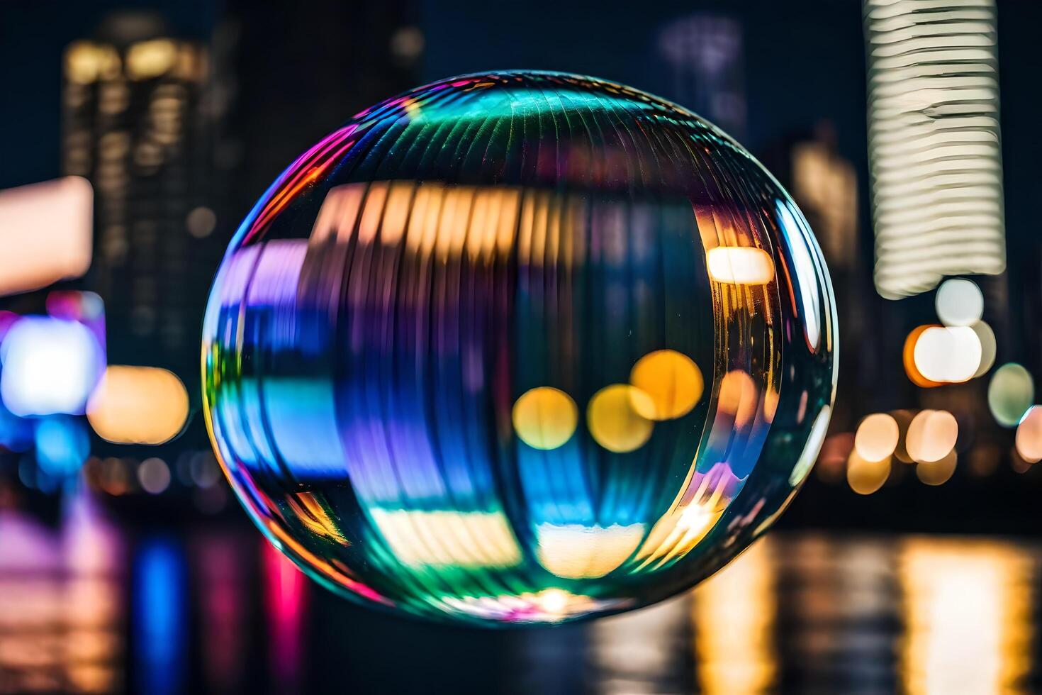 AI generated a colorful bubble with a city skyline in the background photo