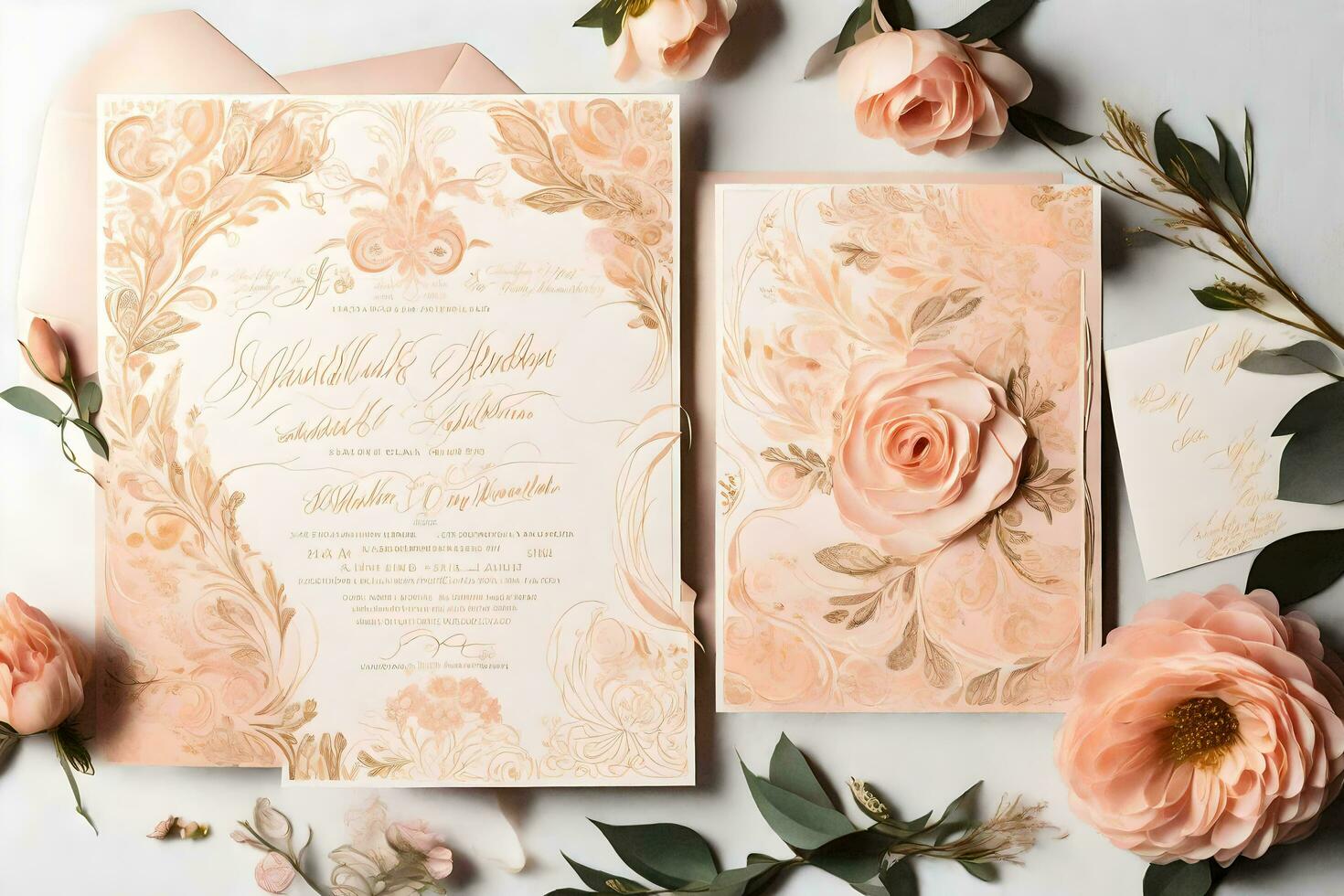 AI generated a wedding invitation with pink roses and leaves photo