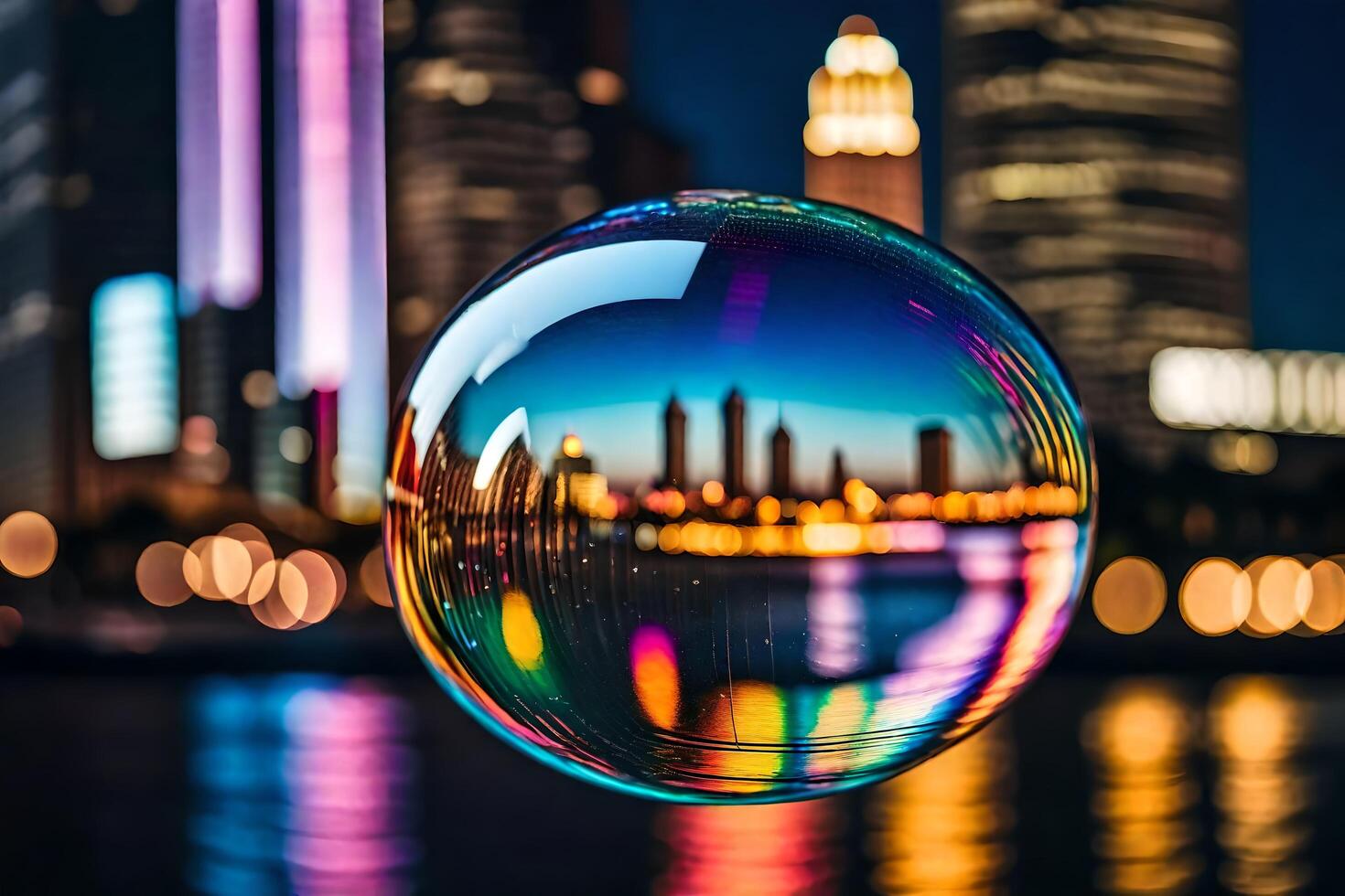 AI generated a colorful bubble with city lights in the background photo