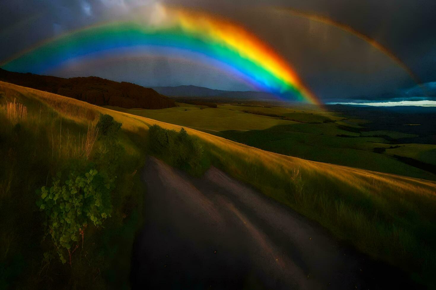AI generated a rainbow is seen over a field with grass and hills photo