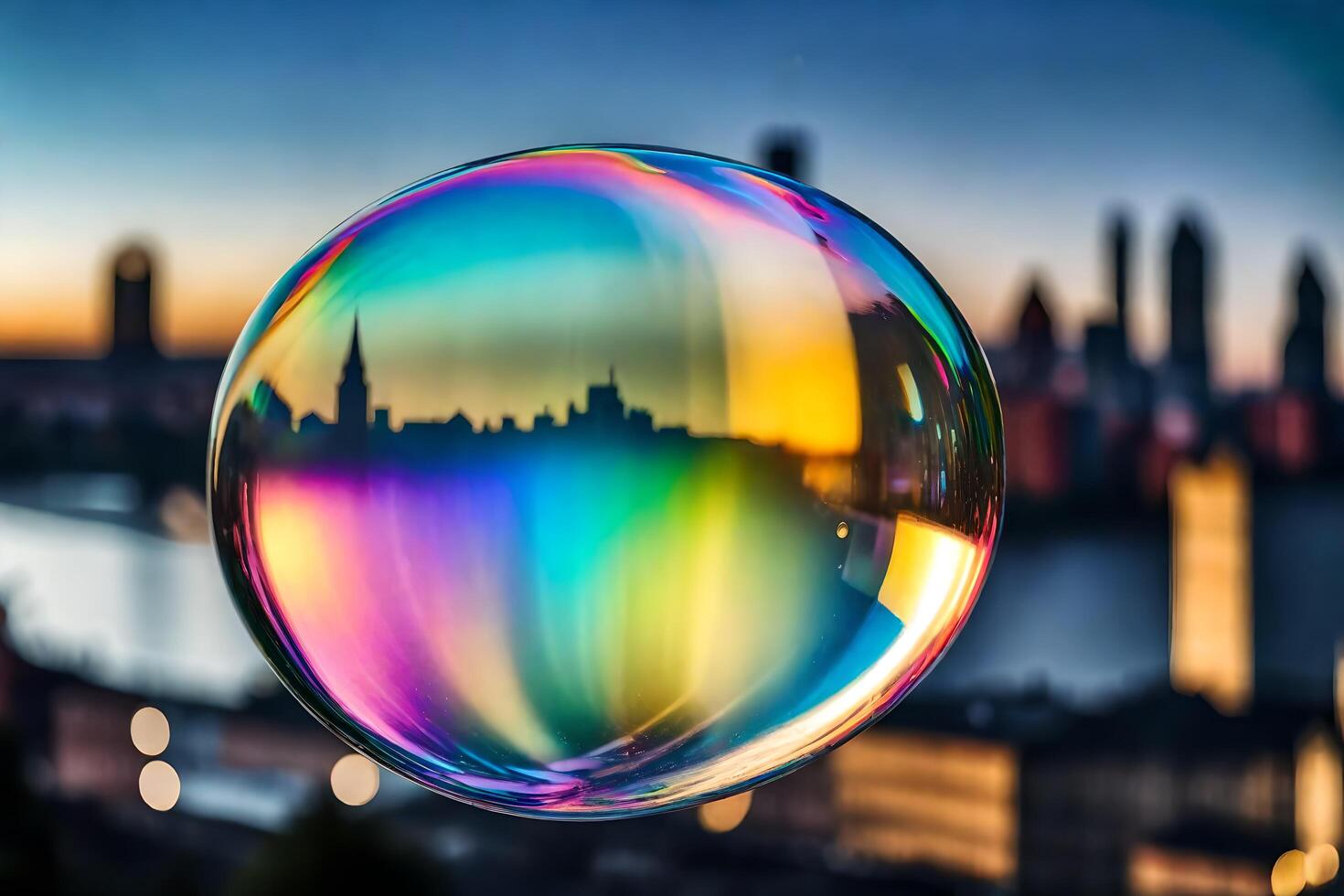 AI generated a soap bubble with a city in the background photo