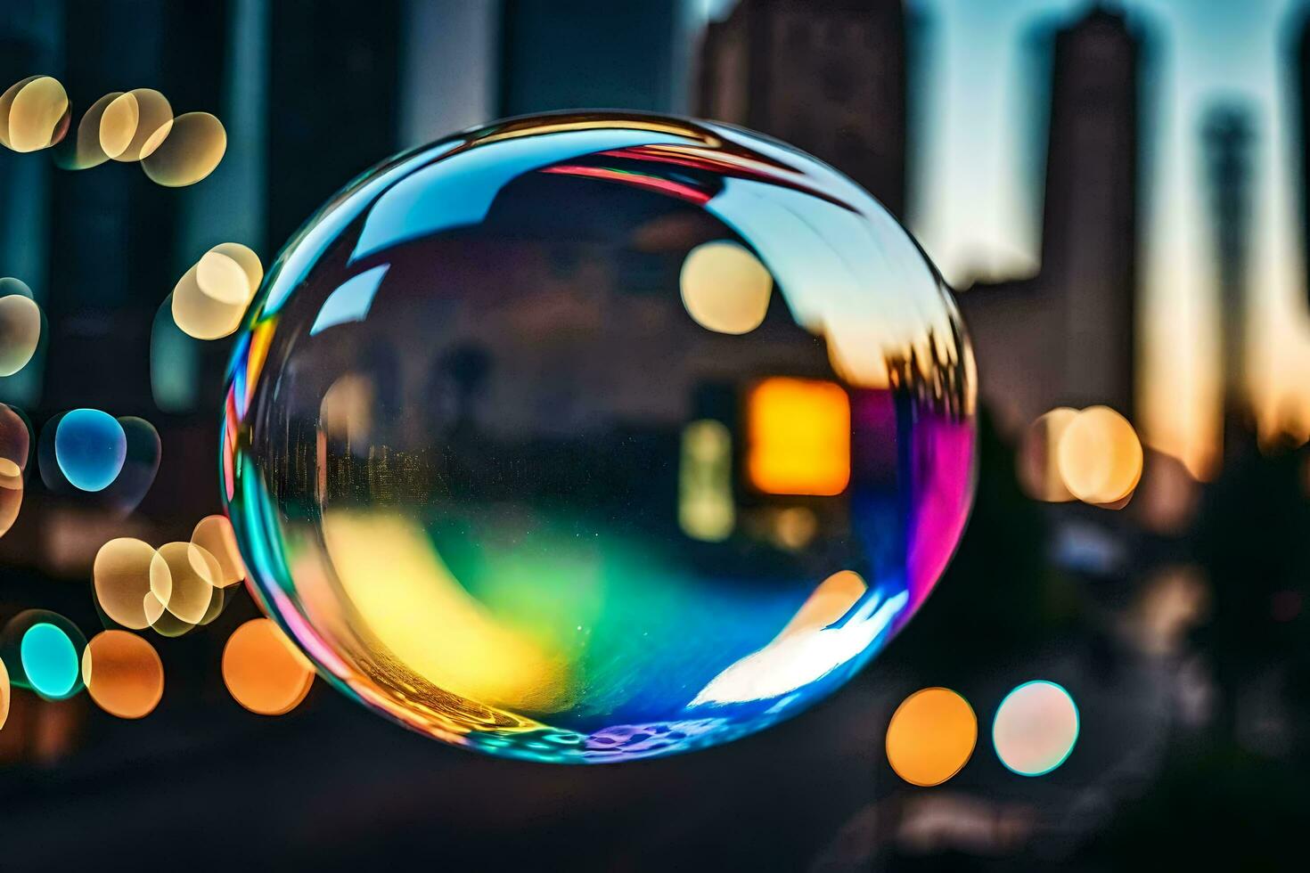 AI generated a colorful bubble with city lights in the background photo