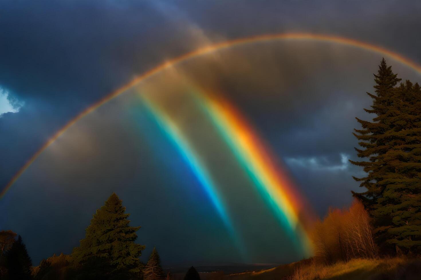 AI generated a double rainbow is seen in the sky photo