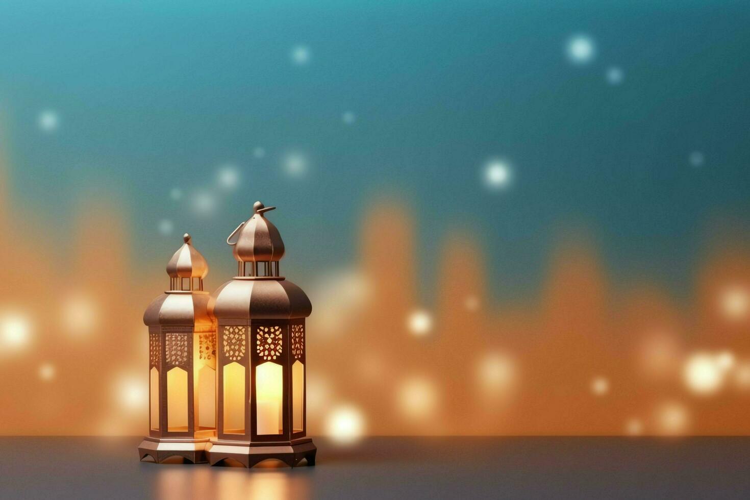 Eid mubarak and ramadan kareem greetings with islamic lantern and mosque. Eid al fitr background. Eid al fitr background of window concept by AI Generated photo