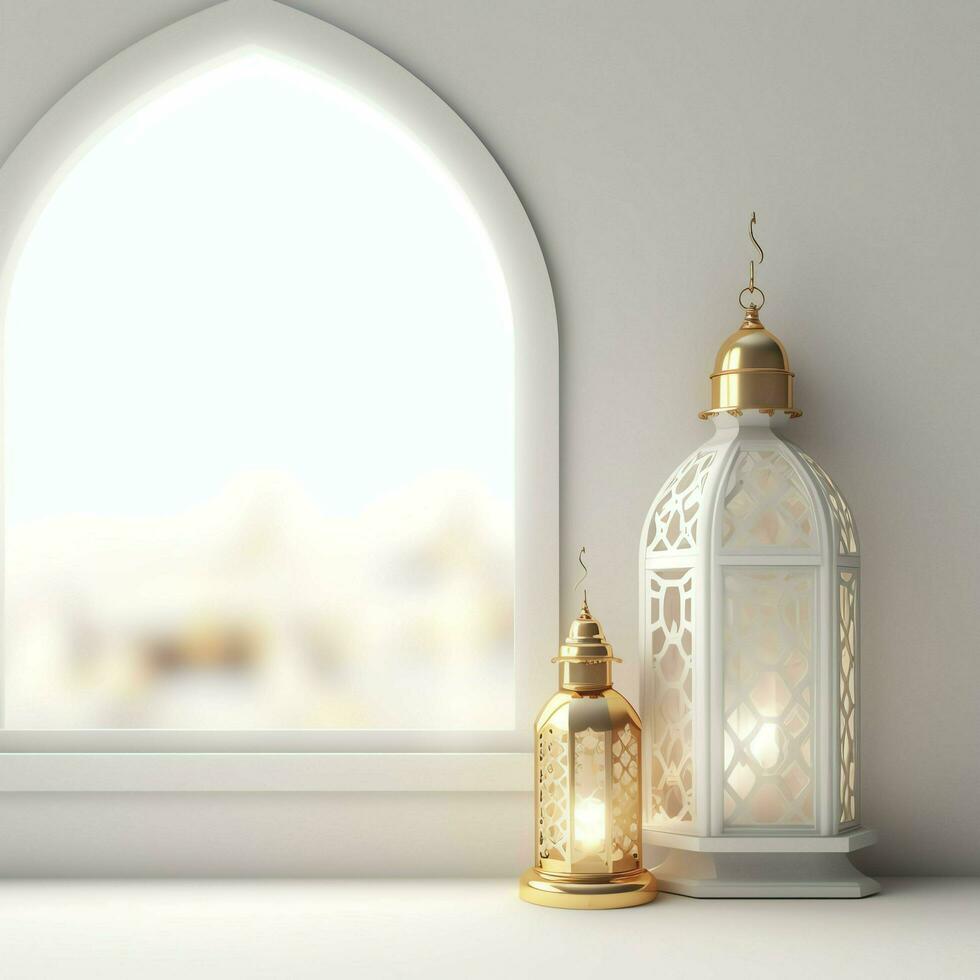 Eid mubarak and ramadan kareem greetings with islamic lantern and mosque. Eid al fitr background. Eid al fitr background of window concept by AI Generated photo