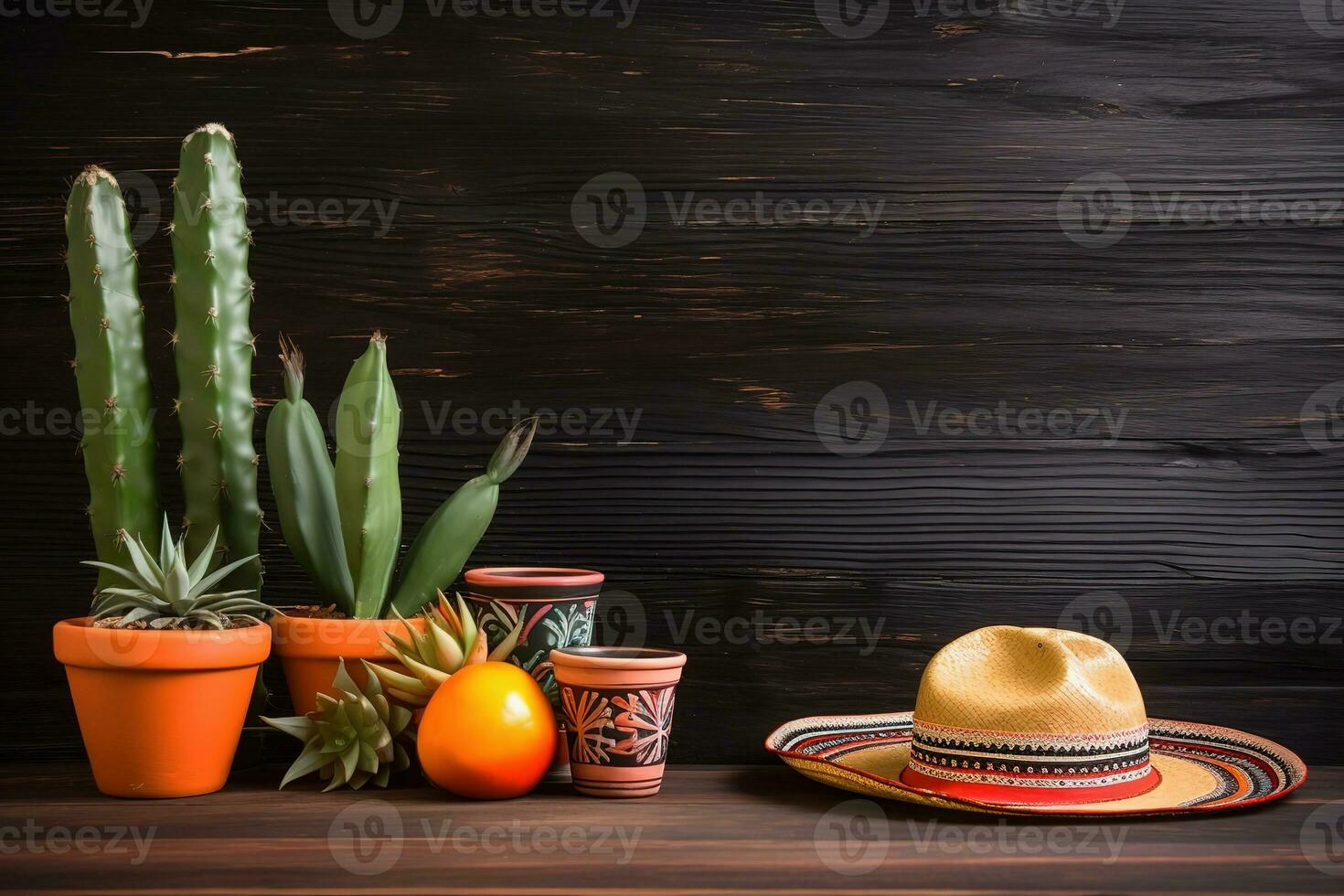 AI generated mexican background with mexican hat, cactus and orange on wooden background photo