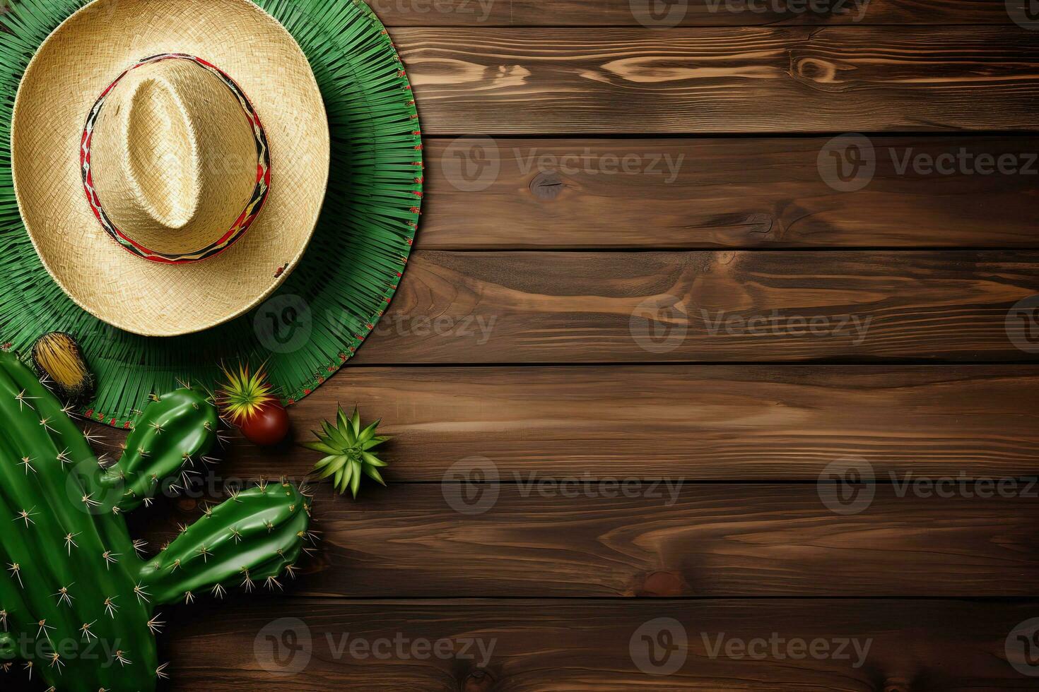 AI generated mexican background with cactus and hat on wooden table top view photo