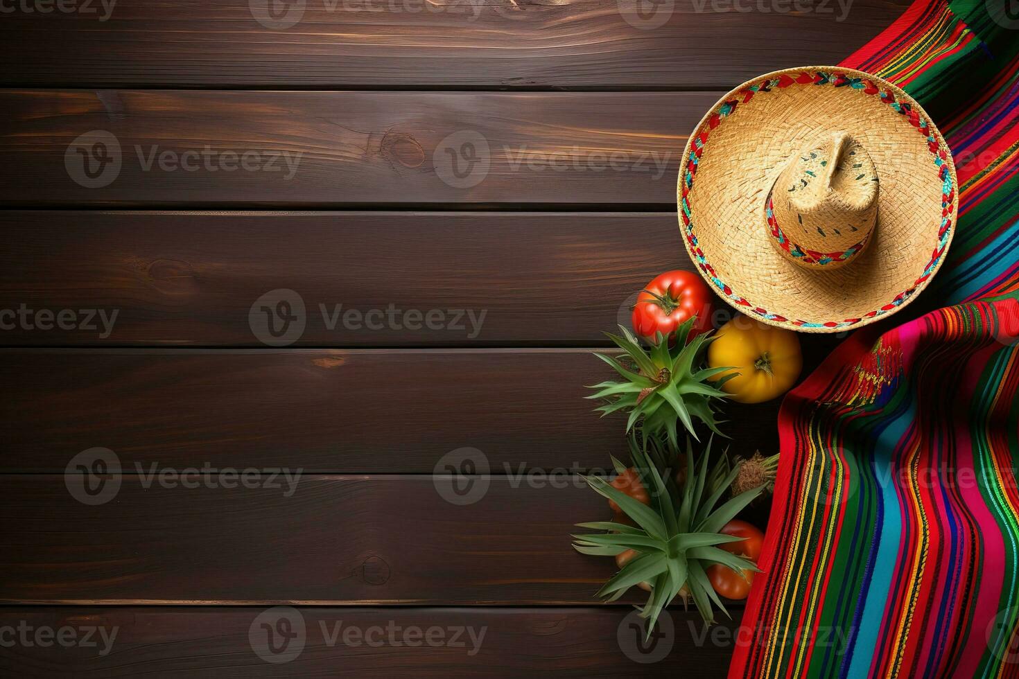 AI generated mexican food and mexican culture background with mexican hat and vegetables on wooden photo