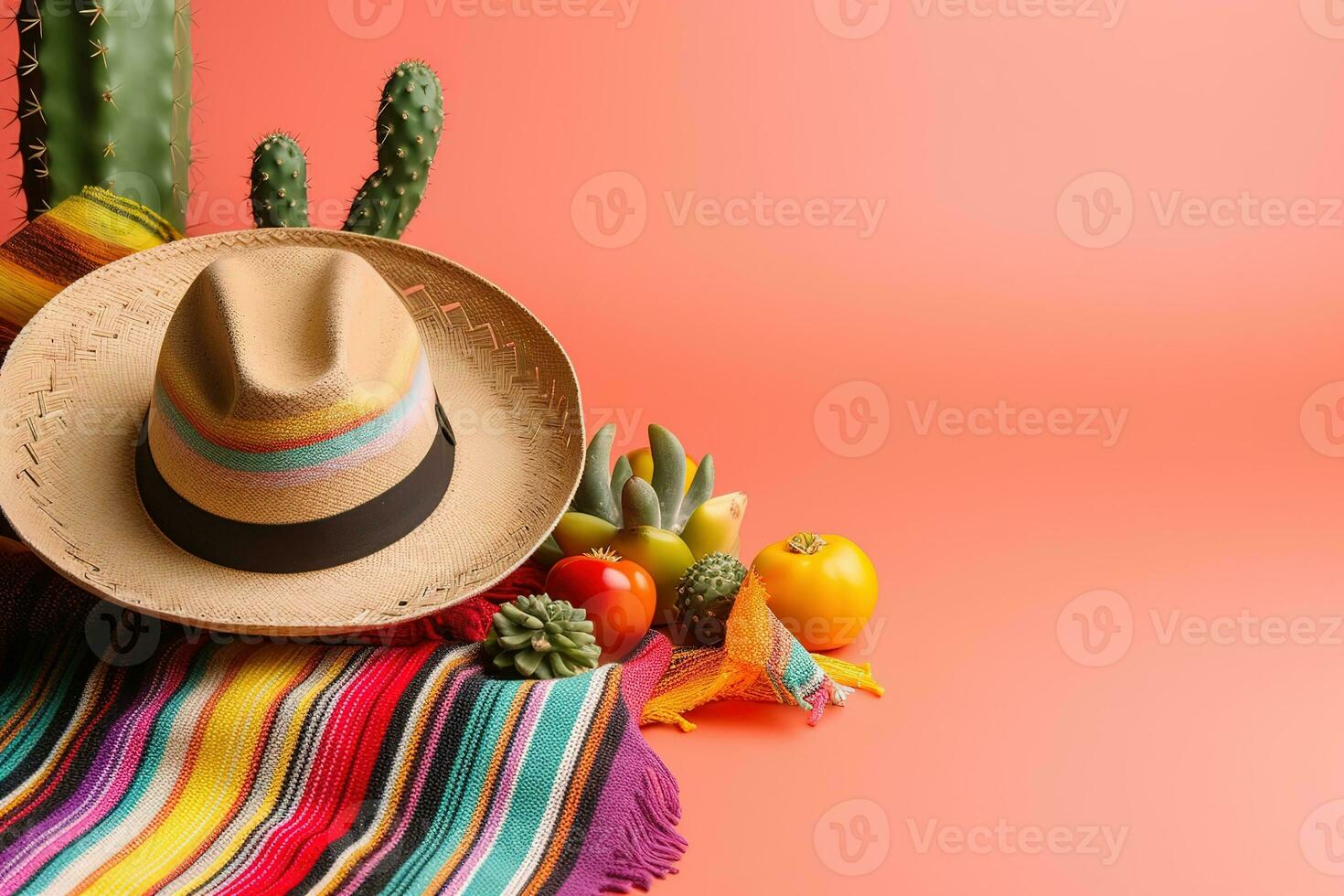 AI generated mexican food and mexican hat on pink background photo