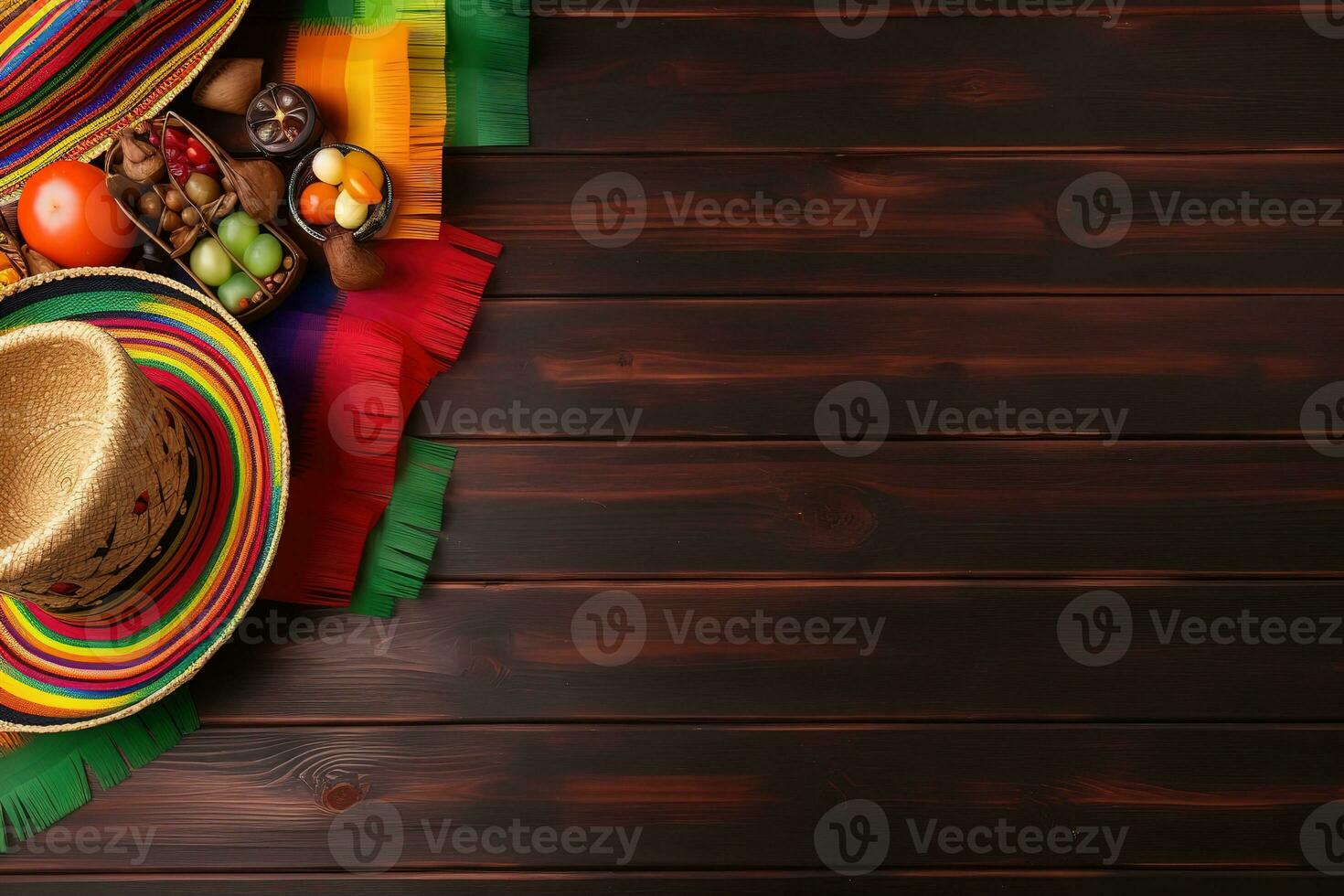 ai generado mexicano comida y sombreros en un de madera mesa foto