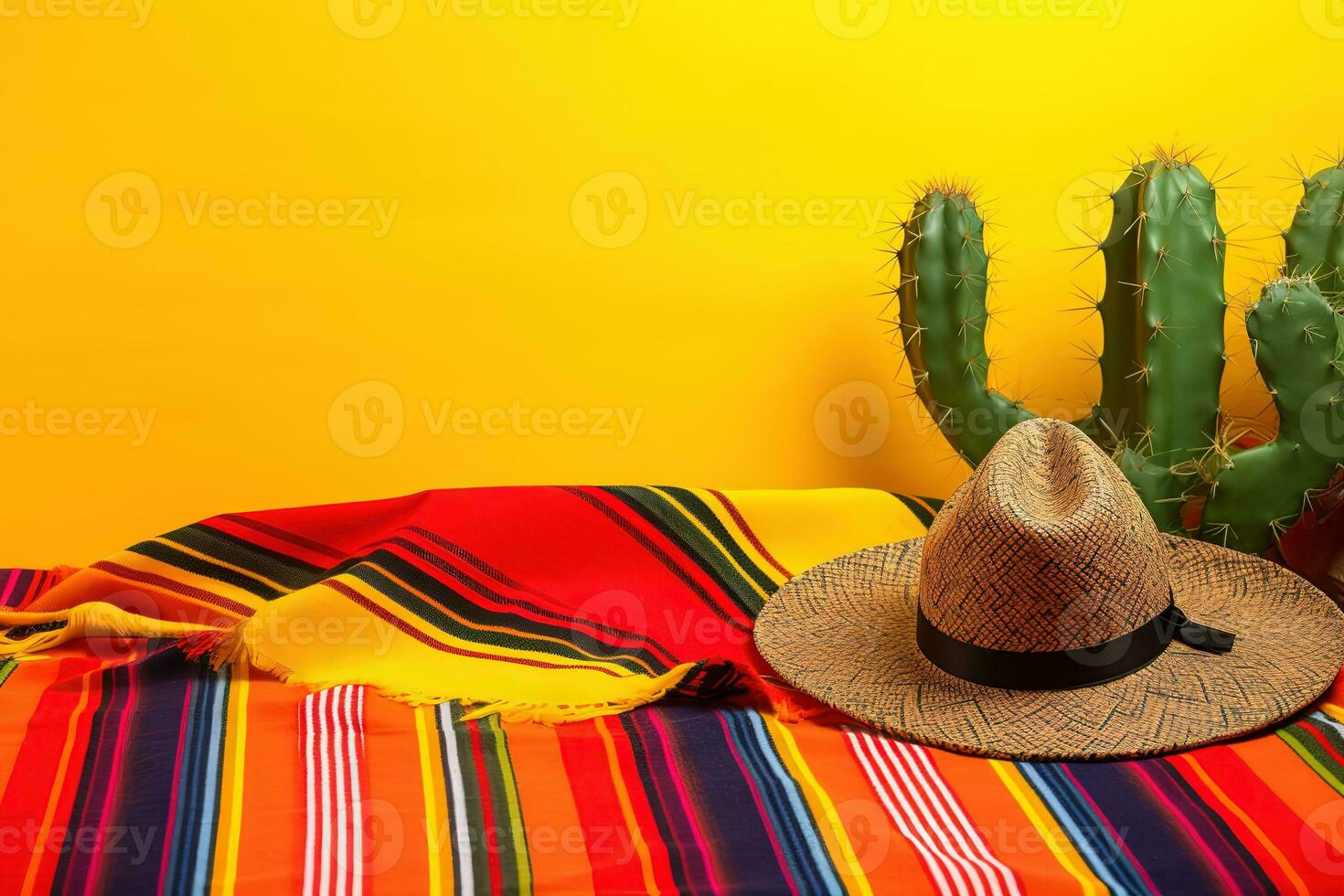 AI generated mexican hat and cactus on yellow background photo