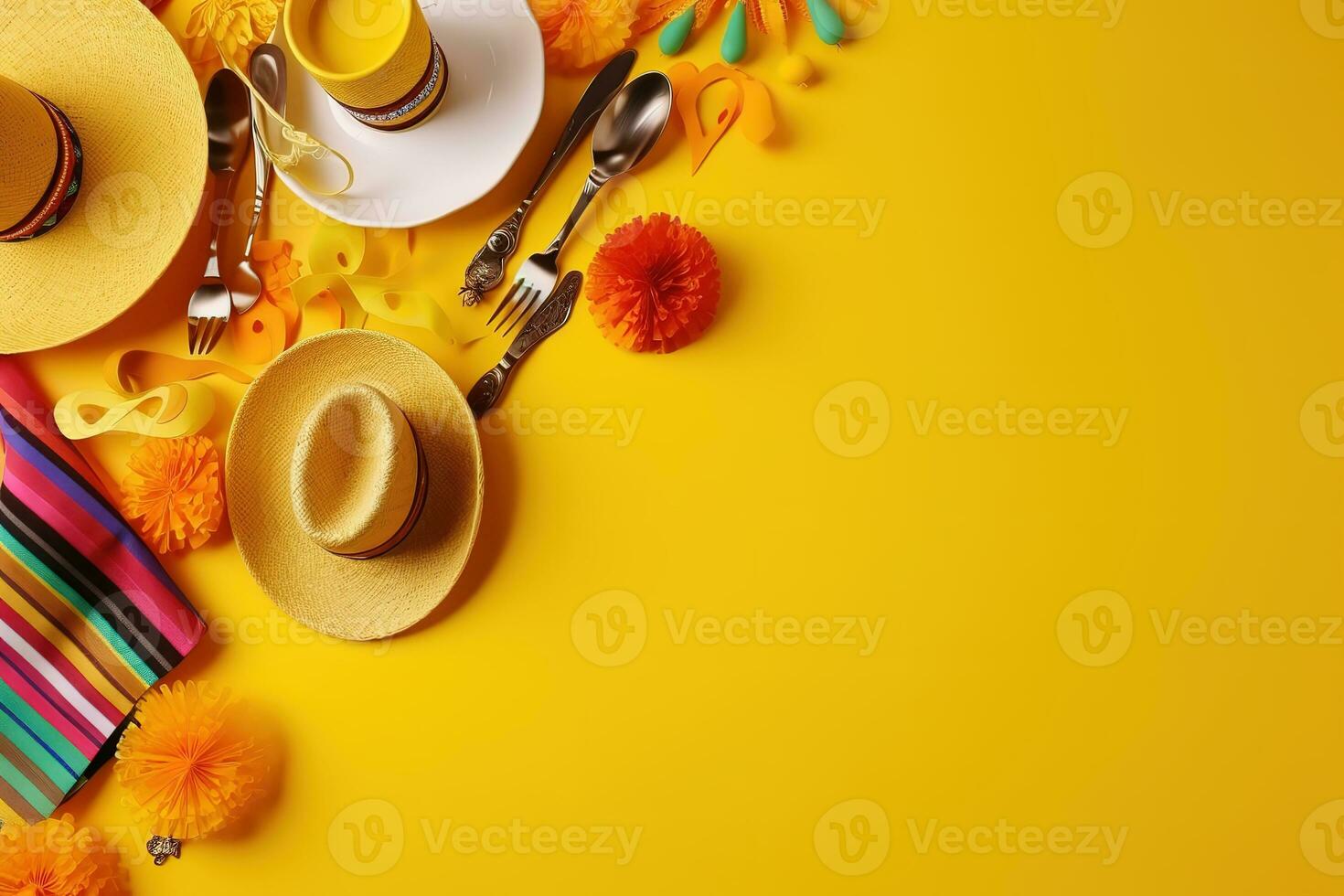 AI generated a colorful mexican table setting with a hat, napkins and other items photo