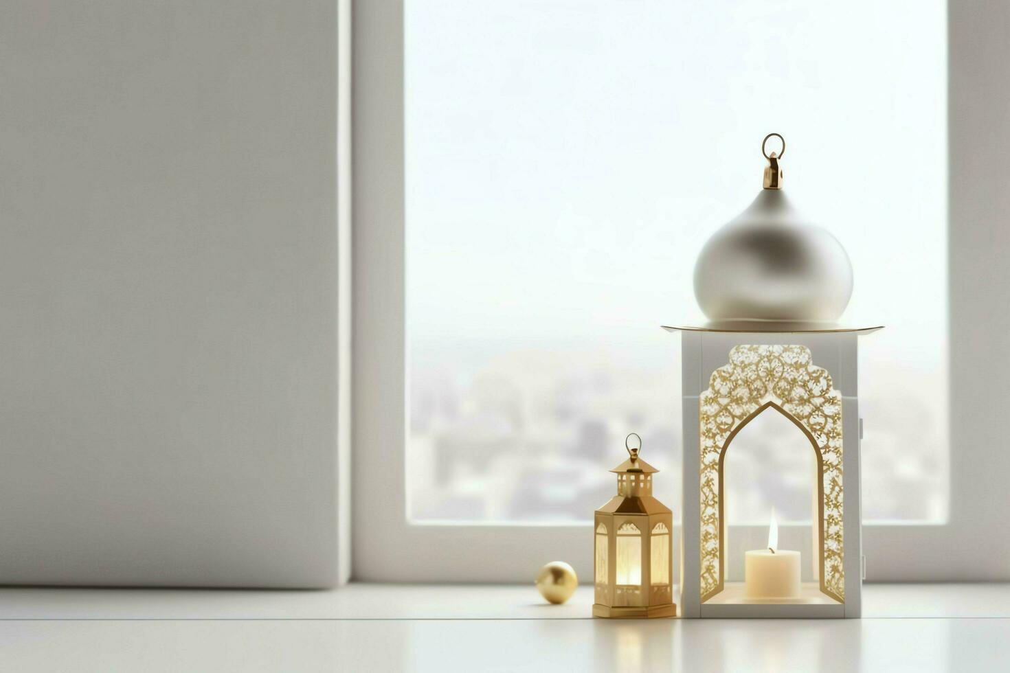 Eid mubarak and ramadan kareem greetings with islamic lantern and mosque. Eid al fitr background. Eid al fitr background of window concept by AI Generated photo