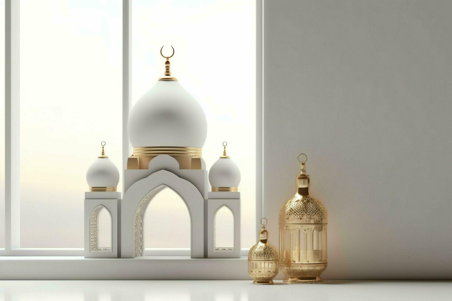 Eid mubarak and ramadan kareem greetings with islamic lantern and mosque. Eid al fitr background. Eid al fitr background of window concept by AI Generated photo