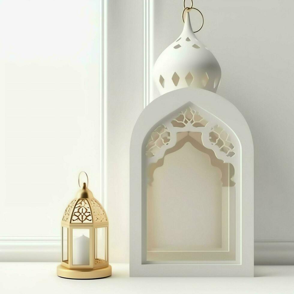 Eid mubarak and ramadan kareem greetings with islamic lantern and mosque. Eid al fitr background. Eid al fitr background of window concept by AI Generated photo