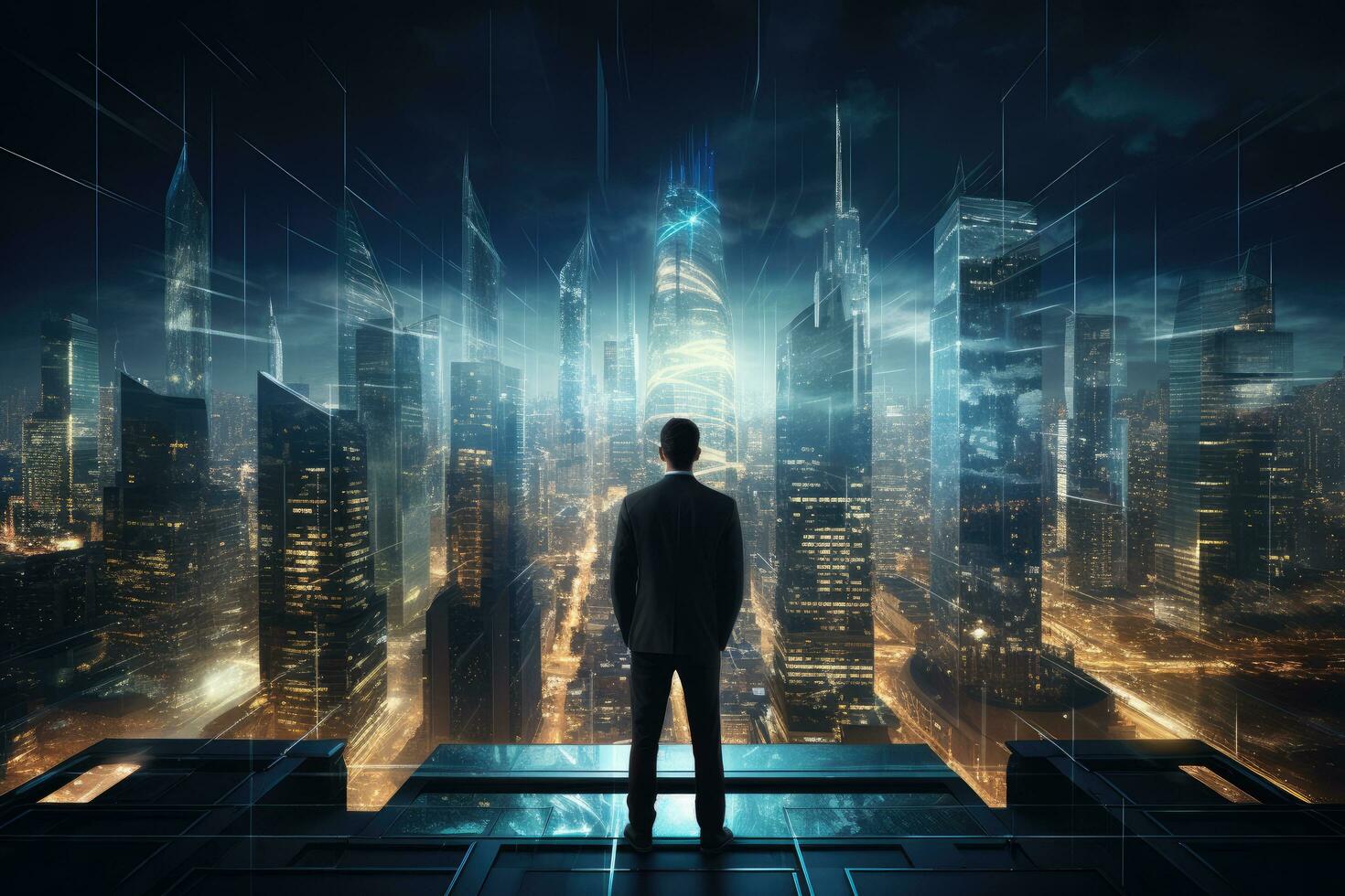 AI generated Back view of Businessman looking at night City Ai generator photo