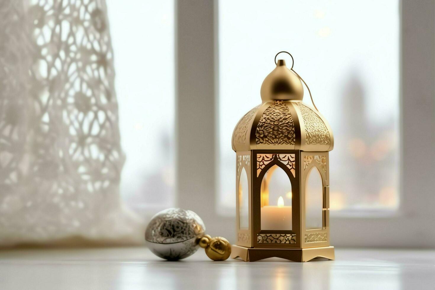 Eid mubarak and ramadan kareem greetings with islamic lantern and mosque. Eid al fitr background. Eid al fitr background of window concept by AI Generated photo