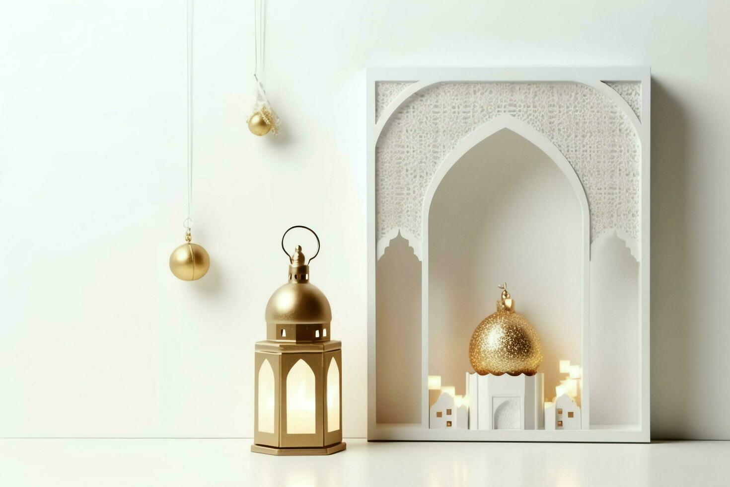 Eid mubarak and ramadan kareem greetings with islamic lantern and mosque. Eid al fitr background. Eid al fitr background of window concept by AI Generated photo