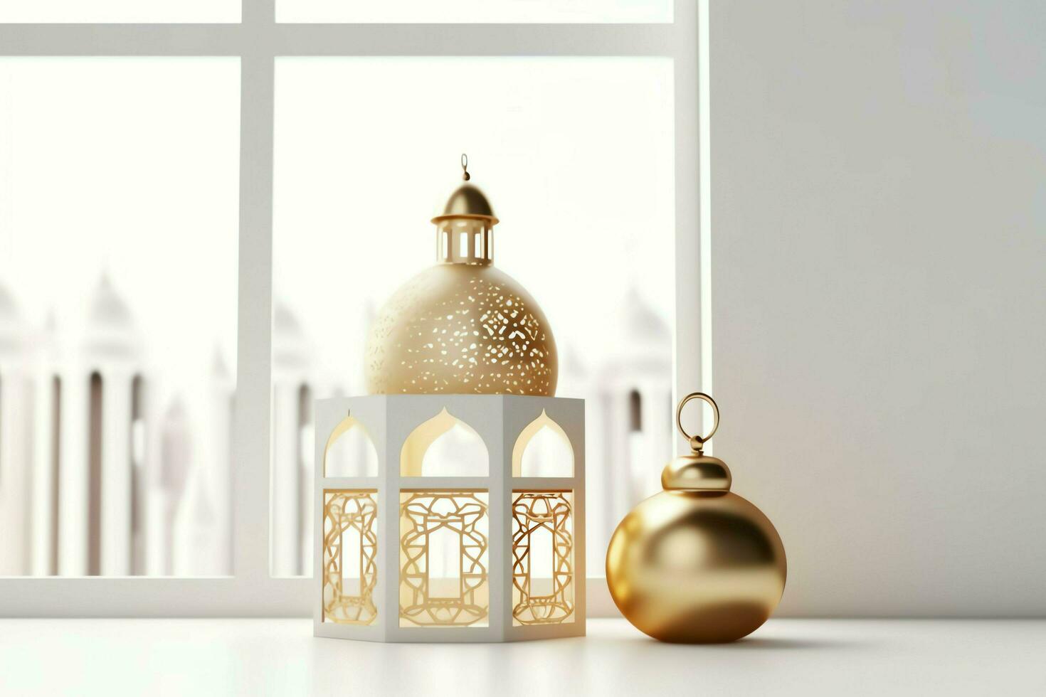 Eid mubarak and ramadan kareem greetings with islamic lantern and mosque. Eid al fitr background. Eid al fitr background of window concept by AI Generated photo
