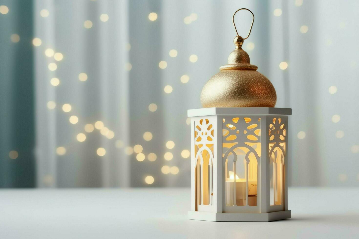 Eid mubarak and ramadan kareem greetings with islamic lantern and mosque. Eid al fitr background. Eid al fitr background of window concept by AI Generated photo