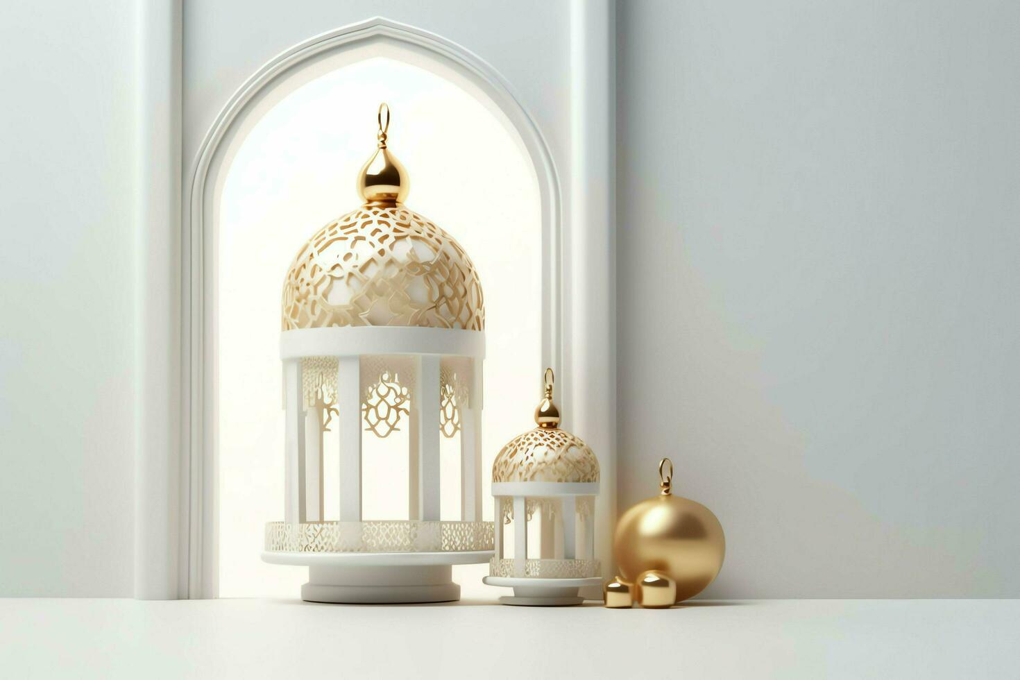 Eid mubarak and ramadan kareem greetings with islamic lantern and mosque. Eid al fitr background. Eid al fitr background of window concept by AI Generated photo