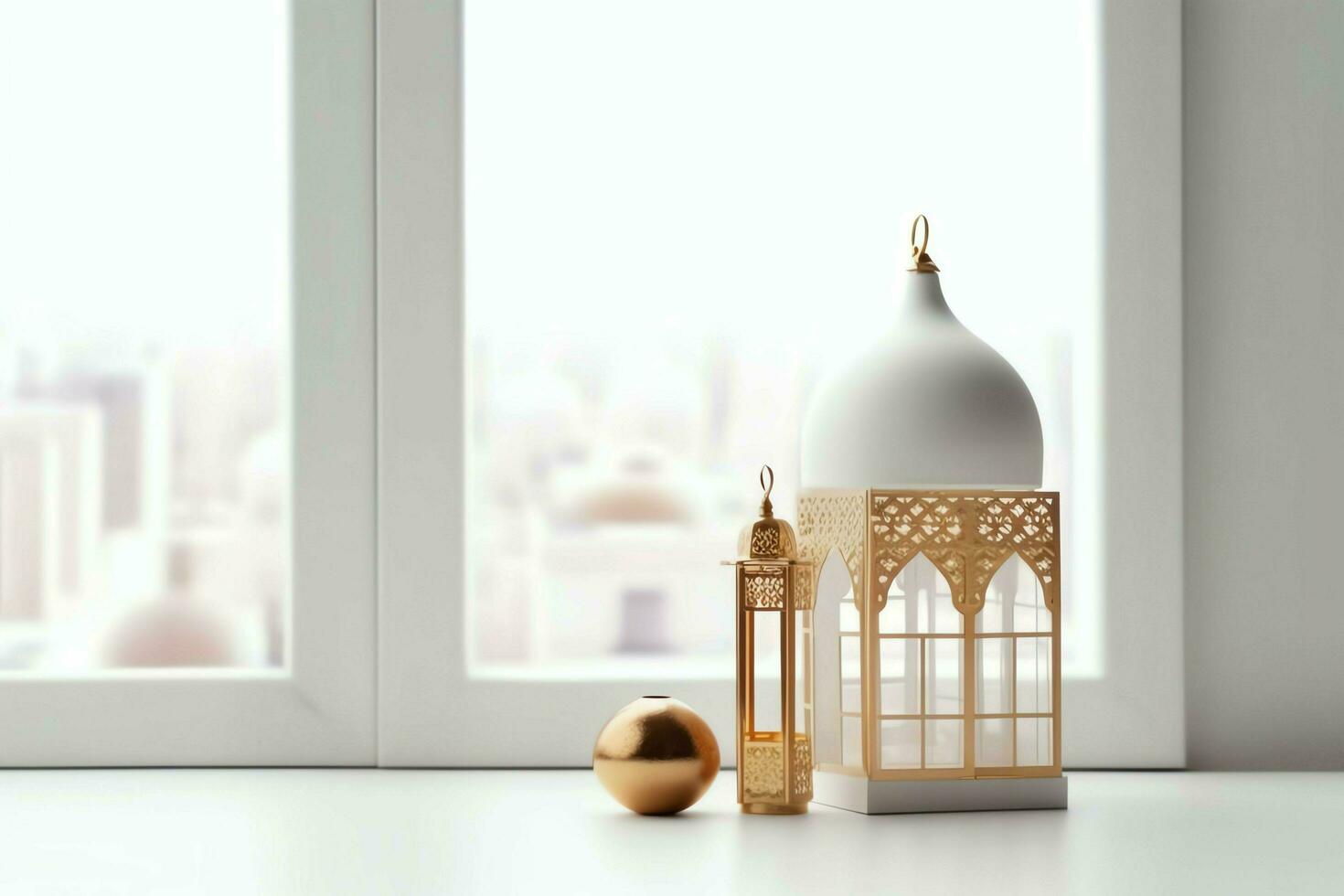 Eid mubarak and ramadan kareem greetings with islamic lantern and mosque. Eid al fitr background. Eid al fitr background of window concept by AI Generated photo