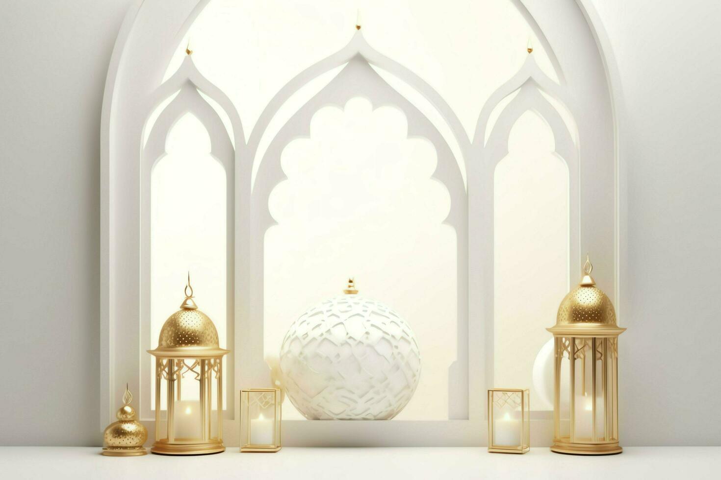 Eid mubarak and ramadan kareem greetings with islamic lantern and mosque. Eid al fitr background. Eid al fitr background of window concept by AI Generated photo