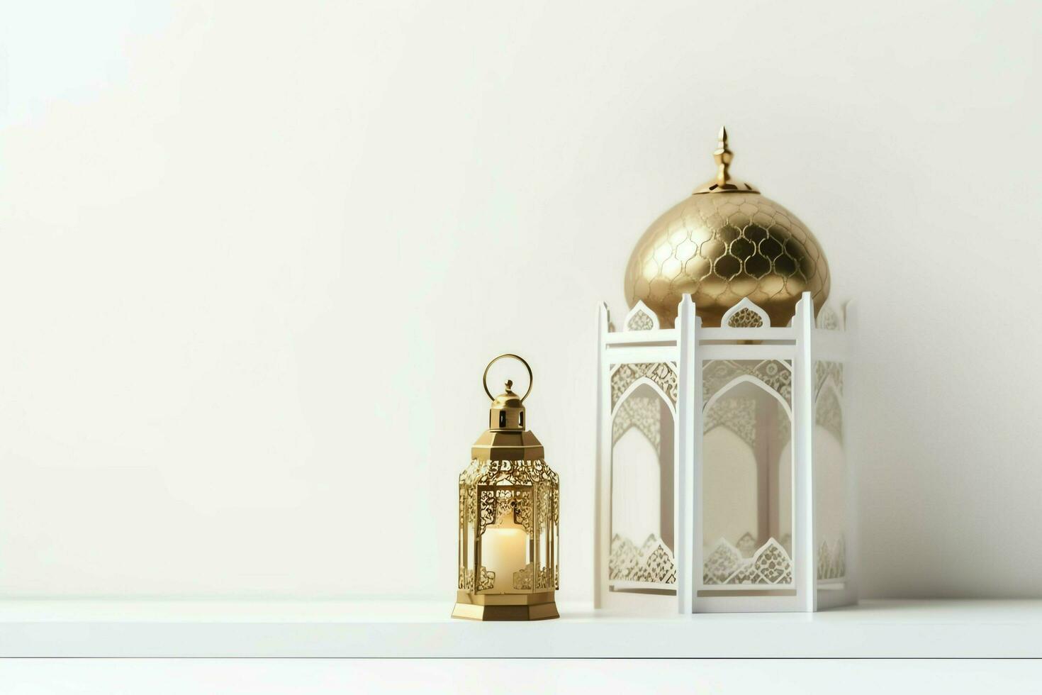 Eid mubarak and ramadan kareem greetings with islamic lantern and mosque. Eid al fitr background. Eid al fitr background of window concept by AI Generated photo
