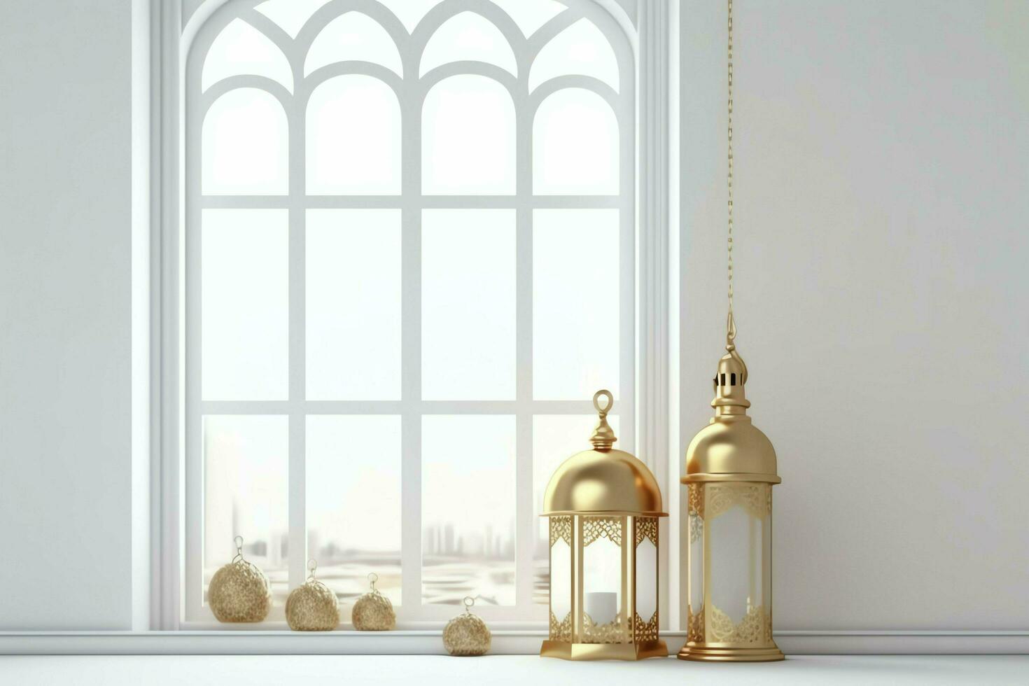 Eid mubarak and ramadan kareem greetings with islamic lantern and mosque. Eid al fitr background. Eid al fitr background of window concept by AI Generated photo