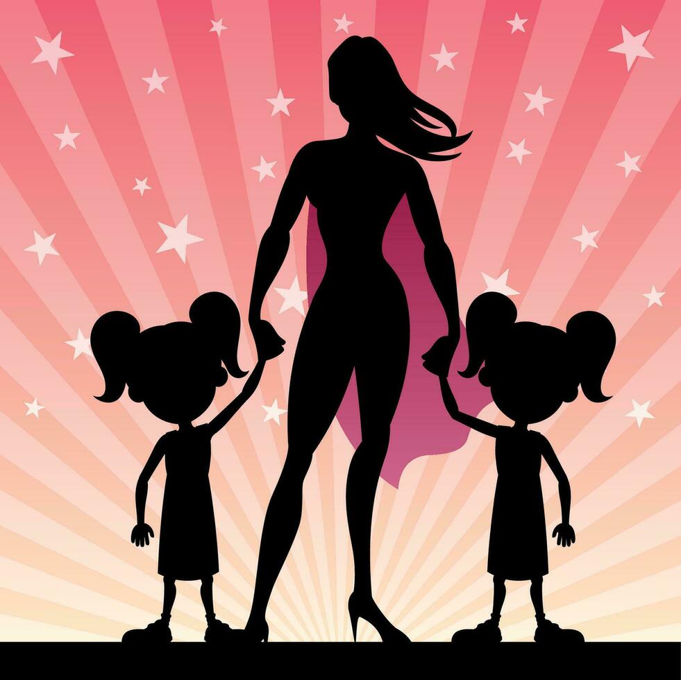 Super Mom With Twin Girls vector