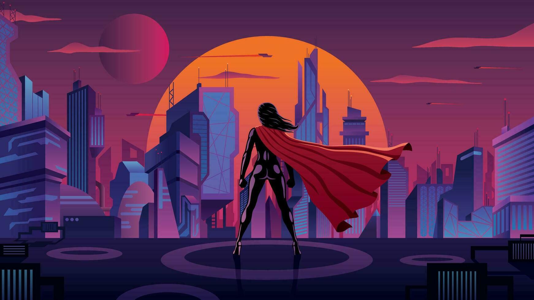 superheroína en futurista ciudad vector