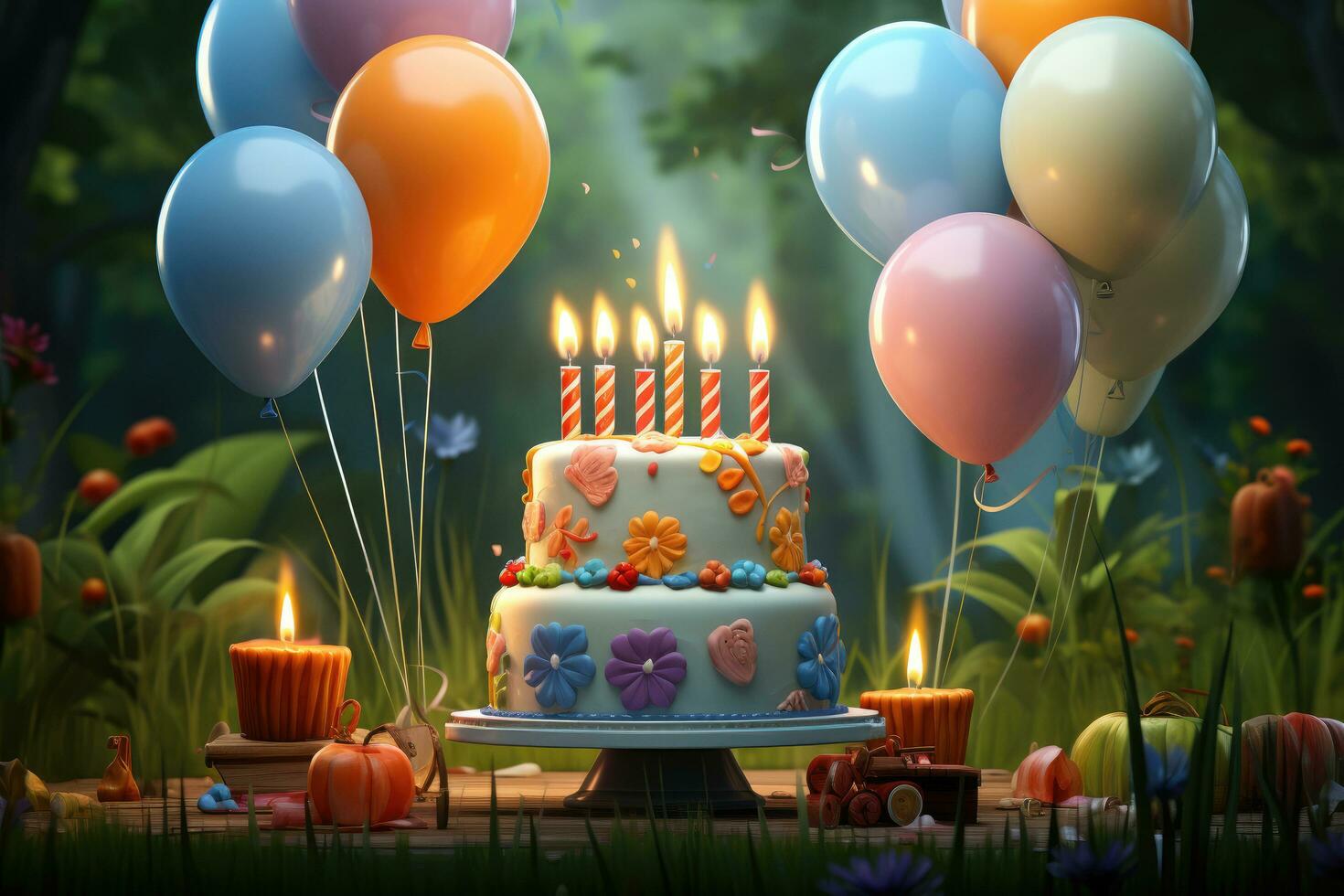 AI generated Birthday cake decoration with candle and color balloons, AI generated photo