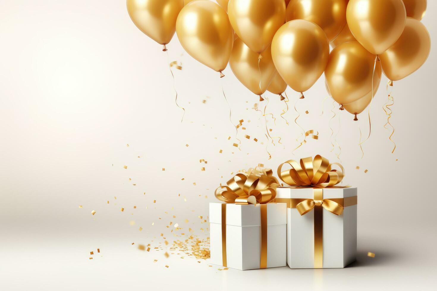 AI generated Golden balloons an gift boxes for Birthday decoration, AI generated photo