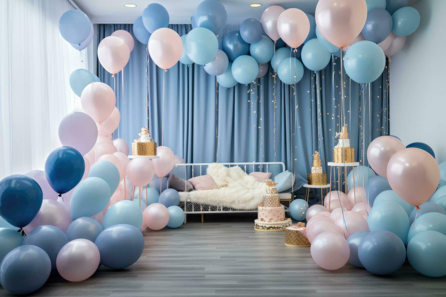 AI generated Birthday decoration with color balloons an gift boxes in an room concept, AI generated photo