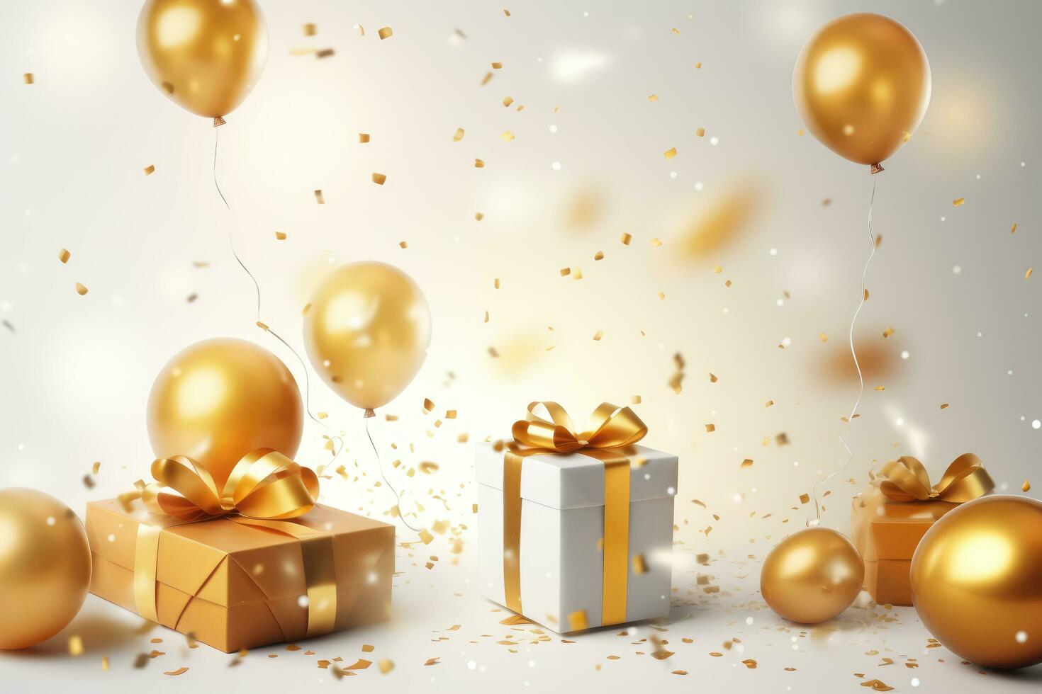 AI generated Golden balloons an gift boxes for Birthday decoration, AI generated photo