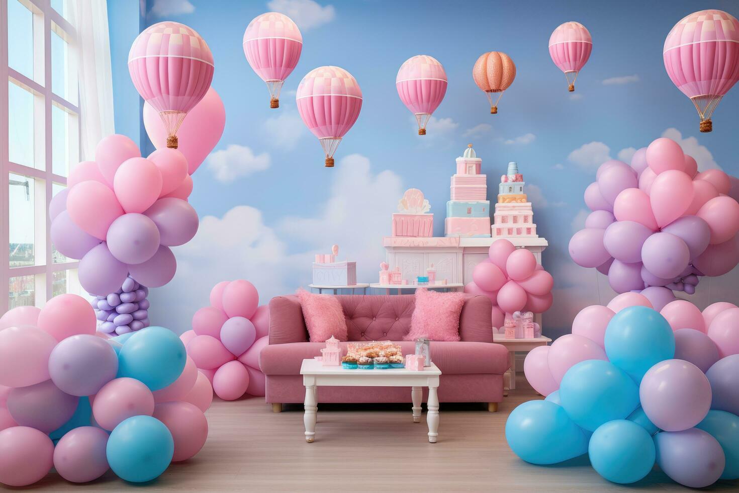 AI generated Birthday decoration with color balloons an gift boxes in an room concept, AI generated photo