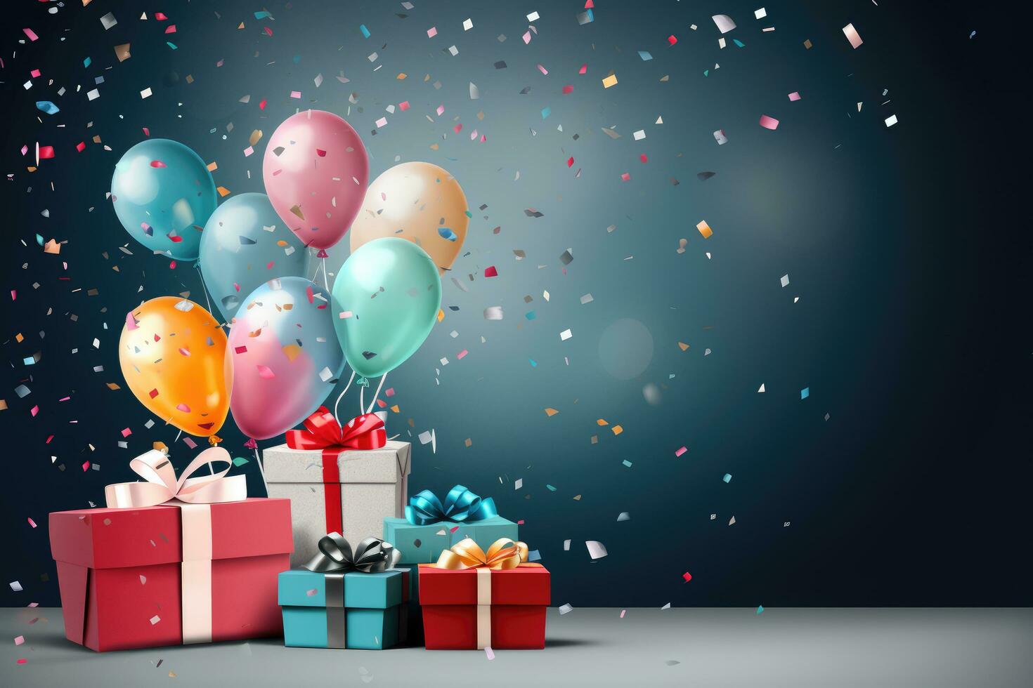 AI generated Color balloons an gift boxes for Birthday decoration, AI generated photo