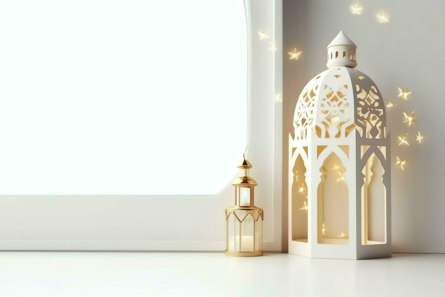 Eid mubarak and ramadan kareem greetings with islamic lantern and mosque. Eid al fitr background. Eid al fitr background of window concept by AI Generated photo