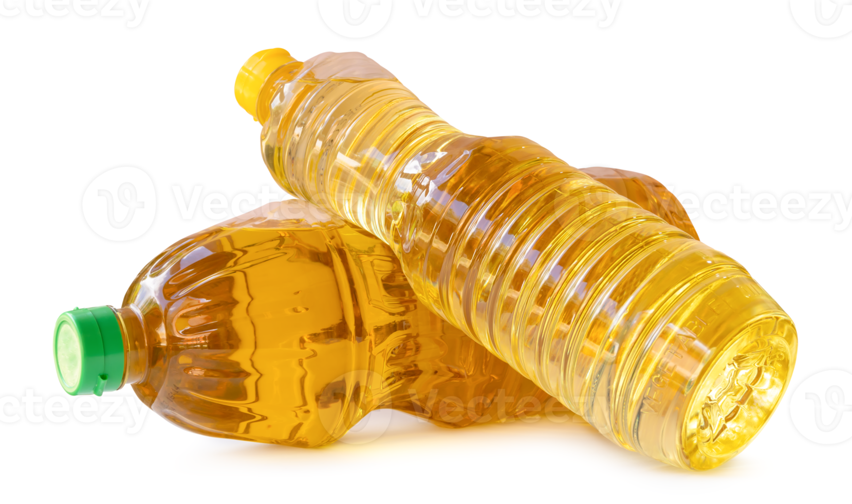 Two bottles of yellow cooking vegetable oil in stack isolated with clipping path and shadow in png file format