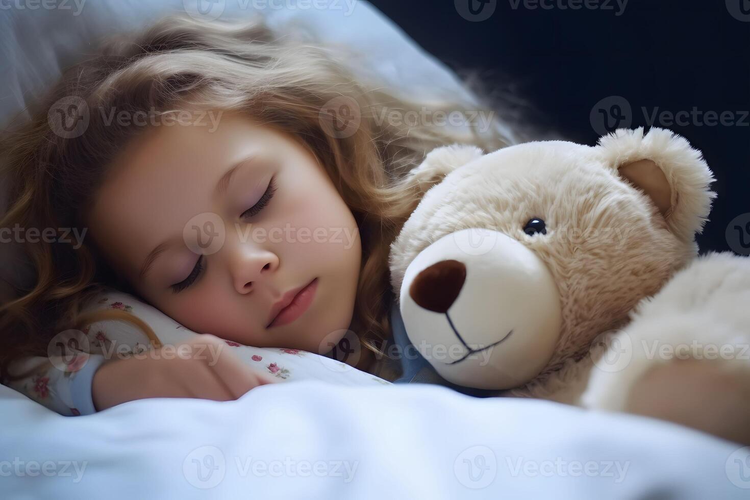 AI generated Sweet little girl peacefully sleeping with her teddy bear, embodying the serenity of Sleep Day photo